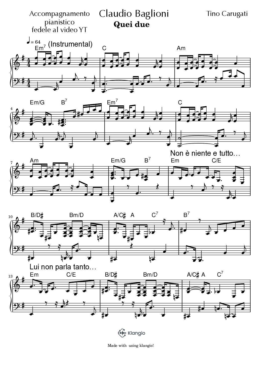 Spartito Pianoforte  "QUEI DUE"  Claudio Baglioni - Accompagnamento  pianistico fedele al video YT