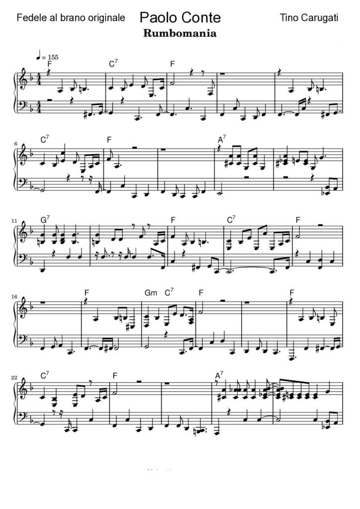 Spartito Pianoforte  "RUMBOMANIA"  Paolo Conte - Fedele al brano originale