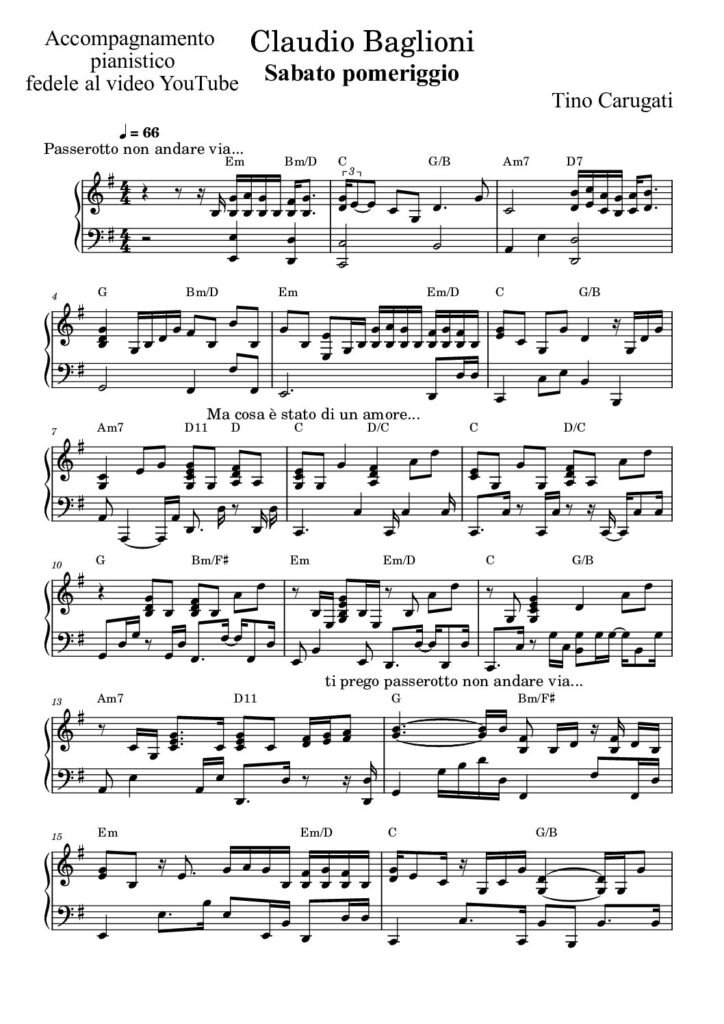Spartito Pianoforte  "SABATO POMERIGGIO"  Claudio Baglioni - Accompagnamento  pianistico fedele al video YouTube
