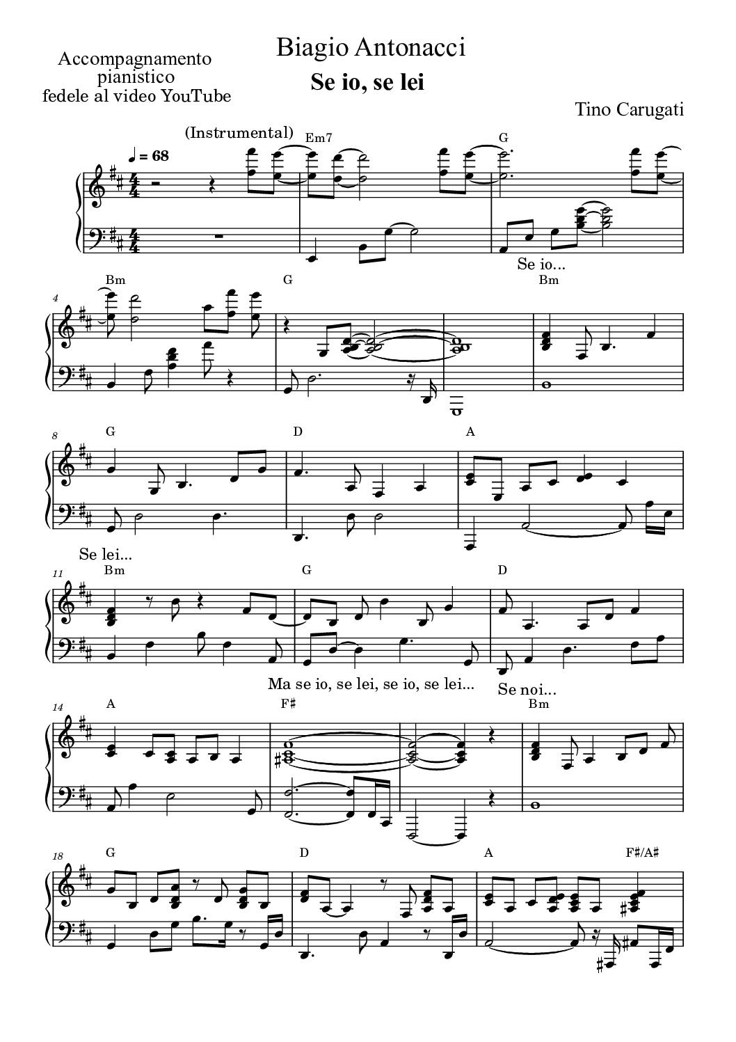 Spartito Pianoforte  " SE IO, SE LEI"  Biagio Antonacci - Accompagnamento pianistico fedele al video YouTube