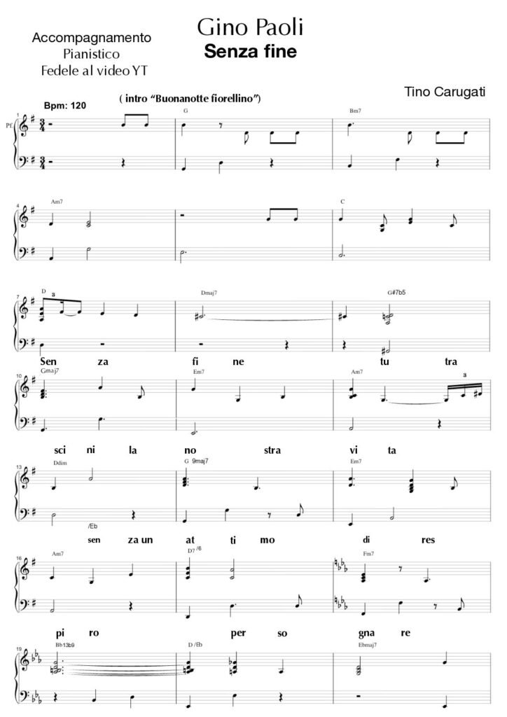 Spartito Pianoforte  "SENZA FINE"  Gino Paoli - Accompagnamento pianistico fedele al video YT con testo sul pentagramma