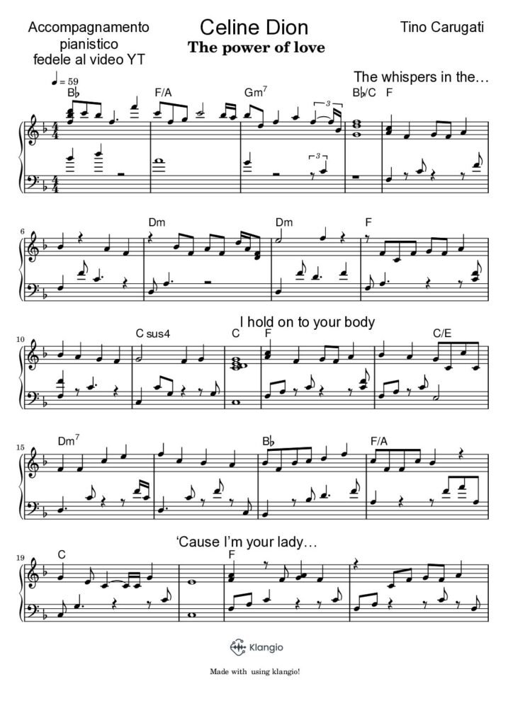 Spartito Pianoforte "THE POWER OF LOVE" Celine Dion - Accompagnamento pianistico fedele al video YT
