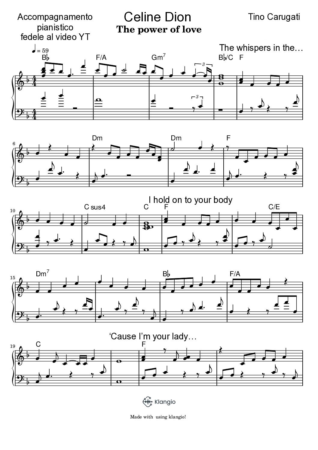 Spartito Pianoforte "THE POWER OF LOVE"  Celine Dion - Accompagnamento pianistico fedele al video YT