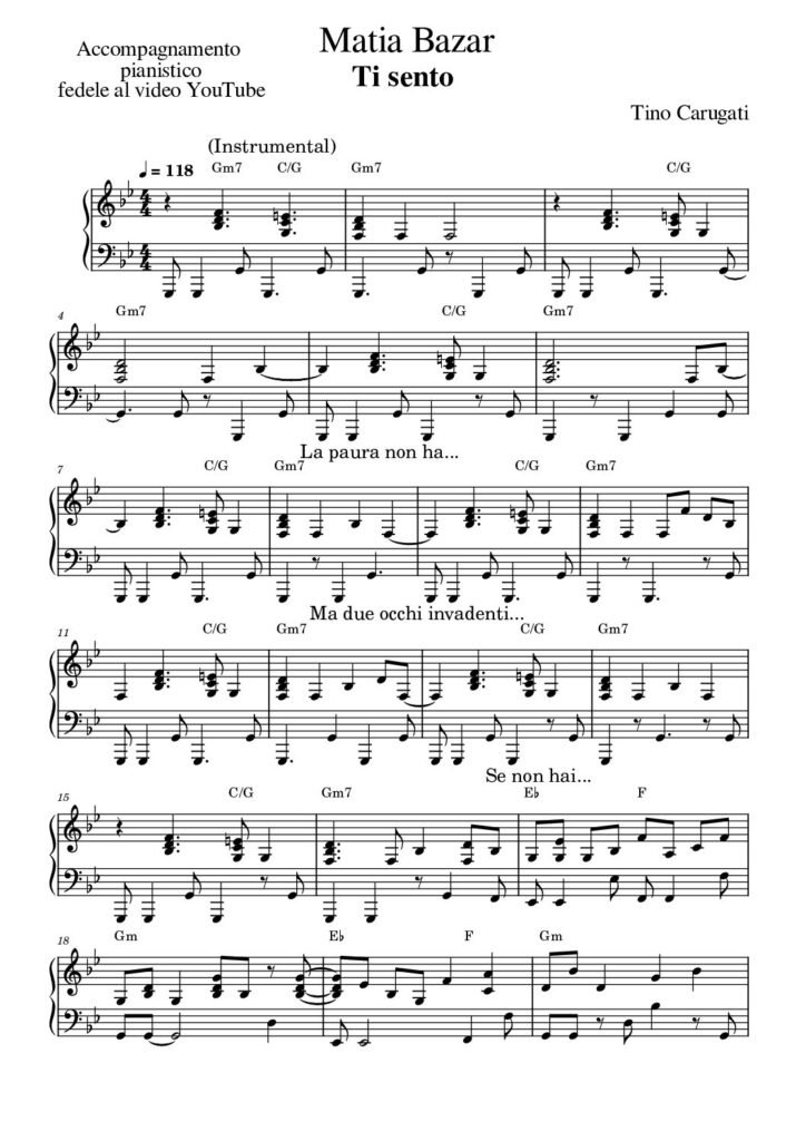 Spartito Pianoforte "TI SENTO" Matia Bazar - Accompagnamento fedele al video YouTube