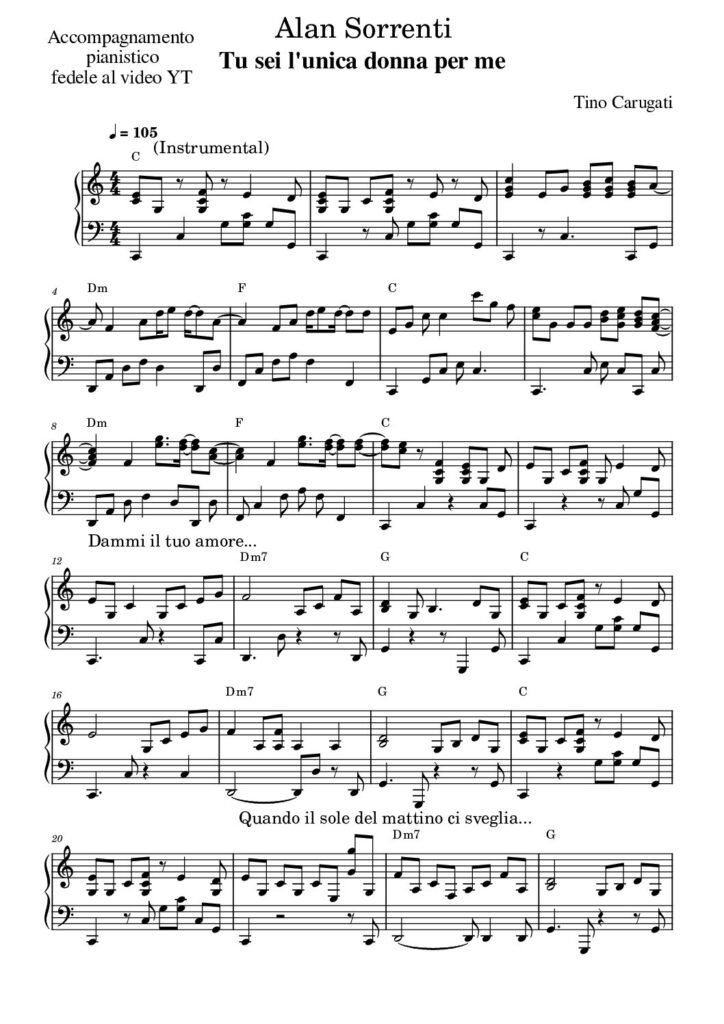 Spartito Pianoforte "TU SEI L'UNICA DONNA PER ME" Alan Sorrenti - Accompagnamento pianistico fedele al video YT