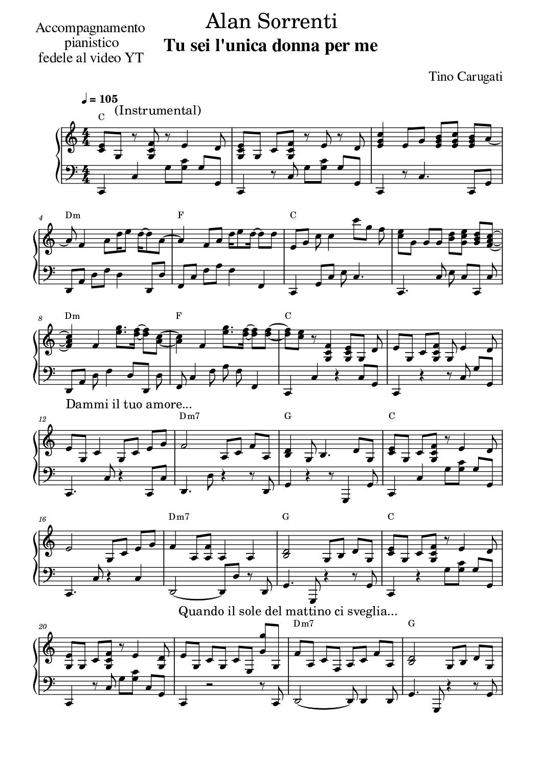Spartito Pianoforte  "TU SEI L'UNICA DONNA PER ME"  Alan Sorrenti - Accompagnamento pianistico fedele al video YT