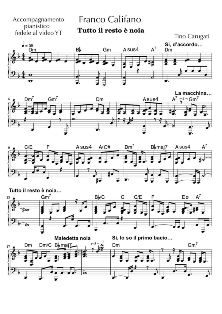 Spartito Pianoforte  " 'TUTTO IL RESTO E' NOIA"  Franco Califano - Accompagnamento pianistico fedele al video YT