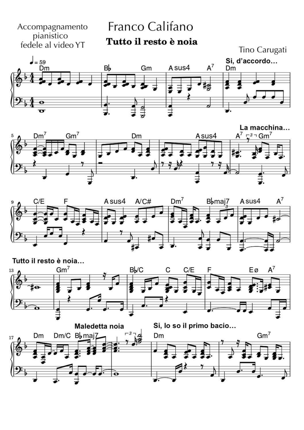 Spartito Pianoforte  " 'TUTTO IL RESTO E' NOIA"  Franco Califano - Accompagnamento pianistico fedele al video YT