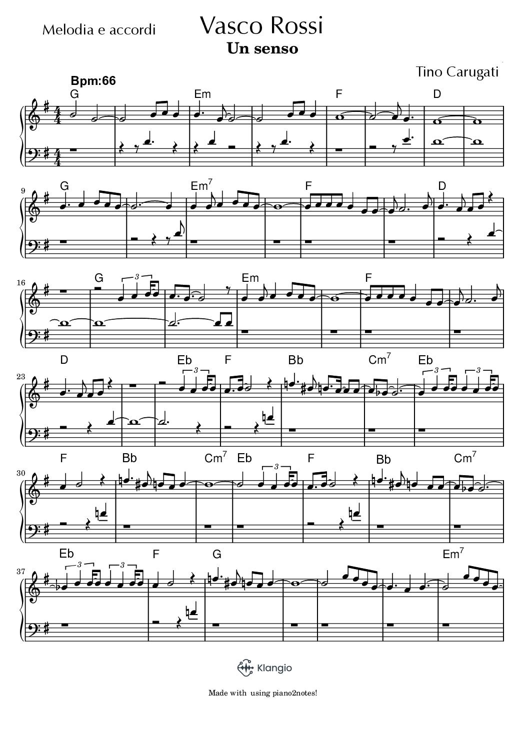 Spartito Pianoforte "UN SENSO" Vasco Rossi - Melodia e accordi