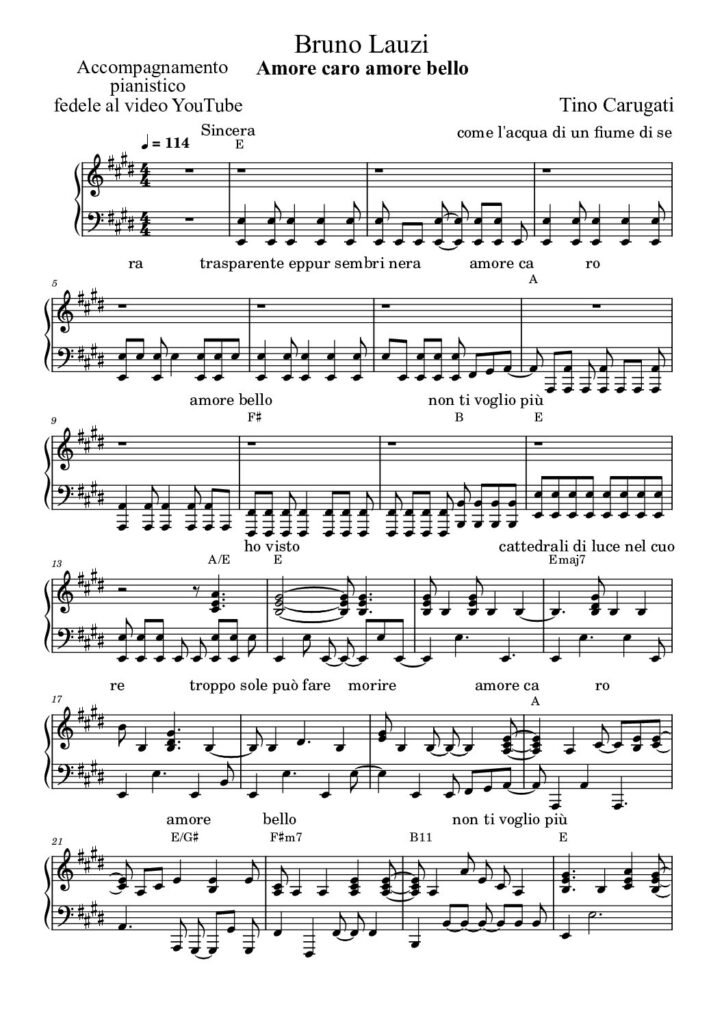 Spartito Pianoforte "AMORE CARO, AMORE BELLO" Bruno Lauzi - Accompagnamento pianistico fedele al video YouTube con testo sul pentagramma