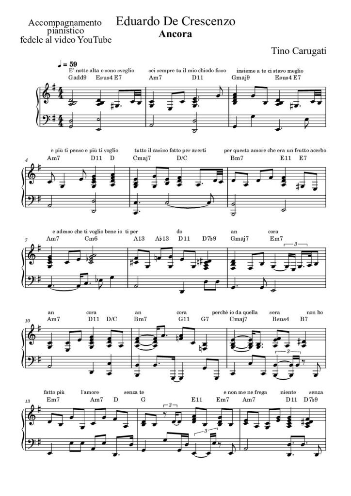 Spartito Pianoforte "ANCORA" Eduardo De Crescenzo - Accompagnamento pianistico fedele al video YouTube con testo sul pentagramma