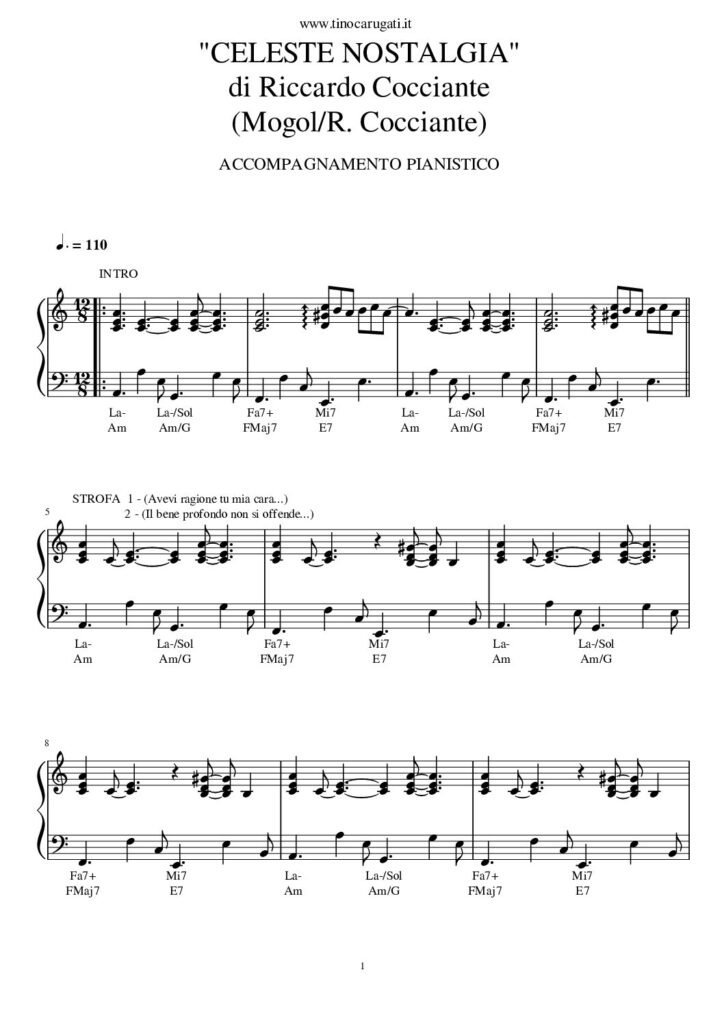 Spartito Pianoforte "CELESTE NOSTALGIA" Riccardo Cocciante - Accompagnamento pianistico