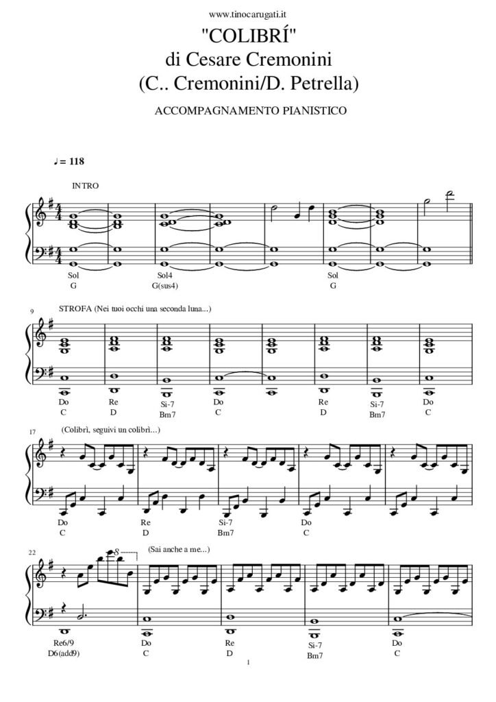 Spartito Pianoforte "COLIBRI'" Cesare Cremonini - Accompagnamento pianistico