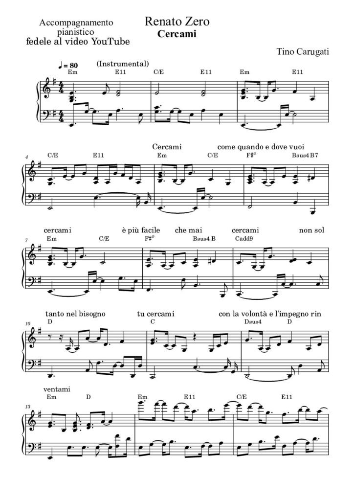 Spartito Pianoforte "CERCAMI" Renato Zero - Accompagnamento pianistico fedele al video YouTube con testo sul pentagramma