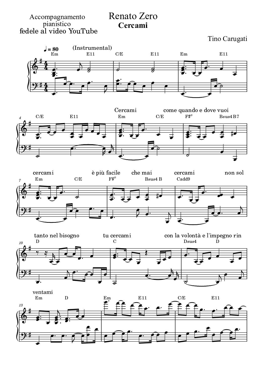 Spartito Pianoforte  "CERCAMI"  Renato Zero - Accompagnamento pianistico fedele al video YouTube con testo sul pentagramma