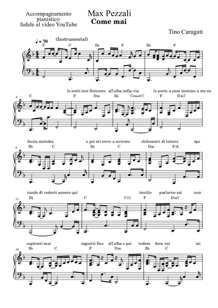 Spartito Pianoforte "COME MAI" Max Pezzali - Accompagnamento pianistico fedele al video YouTube con testo sul pentagramma