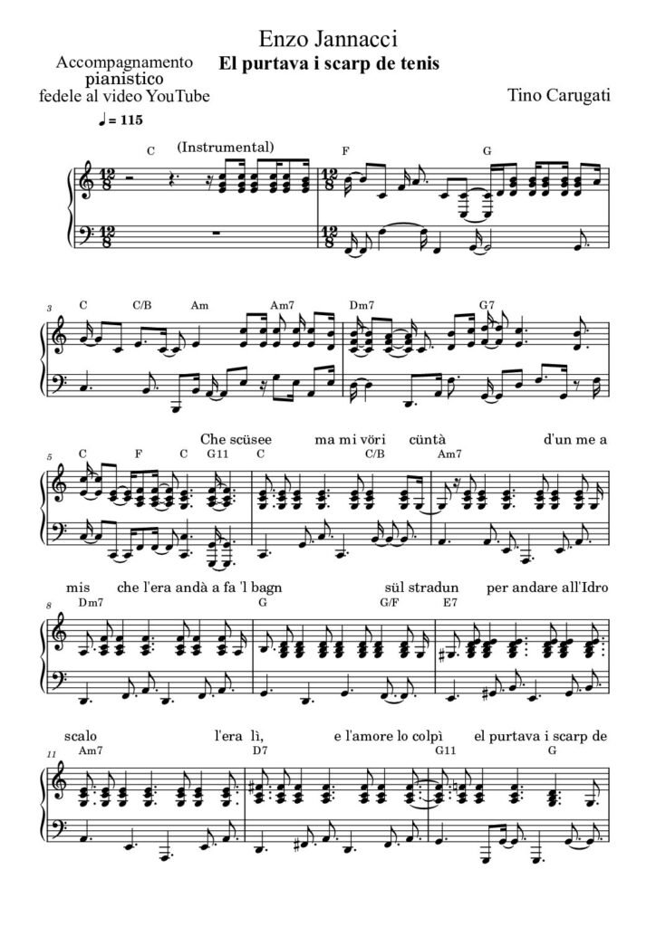 Spartito Pianoforte "EL PURTAVA I SCARP DE TENNIS" Enzo Jannacci - Accompagnamento pianistico fedele al video YouTube con testo sul pentagramma