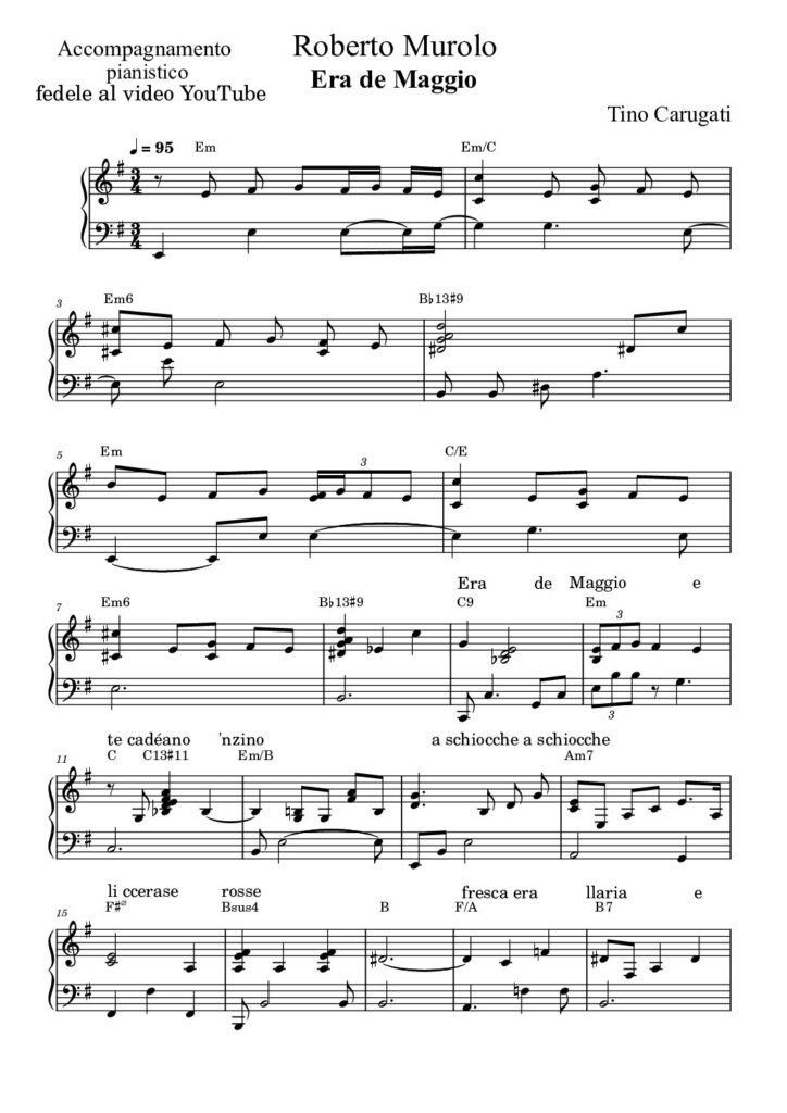 Spartito Pianoforte "ERA DE MAGGIO" Roberto Murolo - Accompagnamento pianistico fedele al video YouTube con testo sul pentagramma