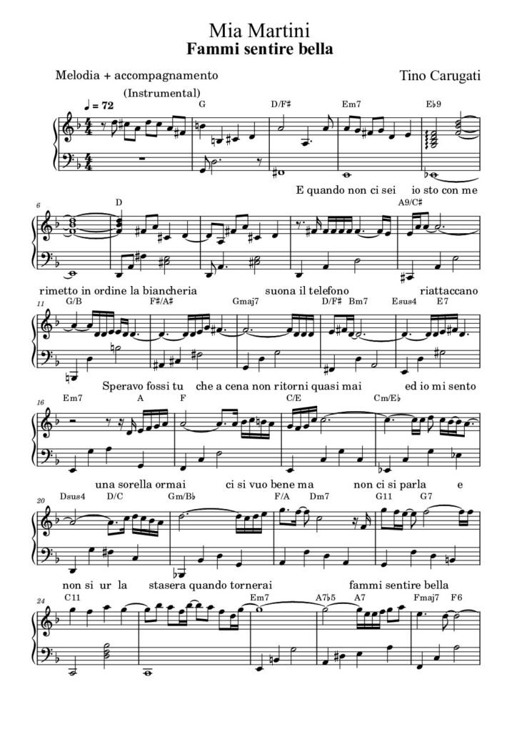 Spartito Pianoforte "FAMMI SENTIRE BELLA" Mia Martini - Malodia + accompagnamento con testo sul pentagramma
