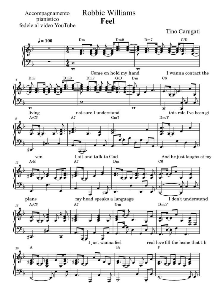 Spartito Pianoforte "FEEL" Robbie Williams - Accompagnamento pianistico fedele al video YouTube con testo sul pentagramma