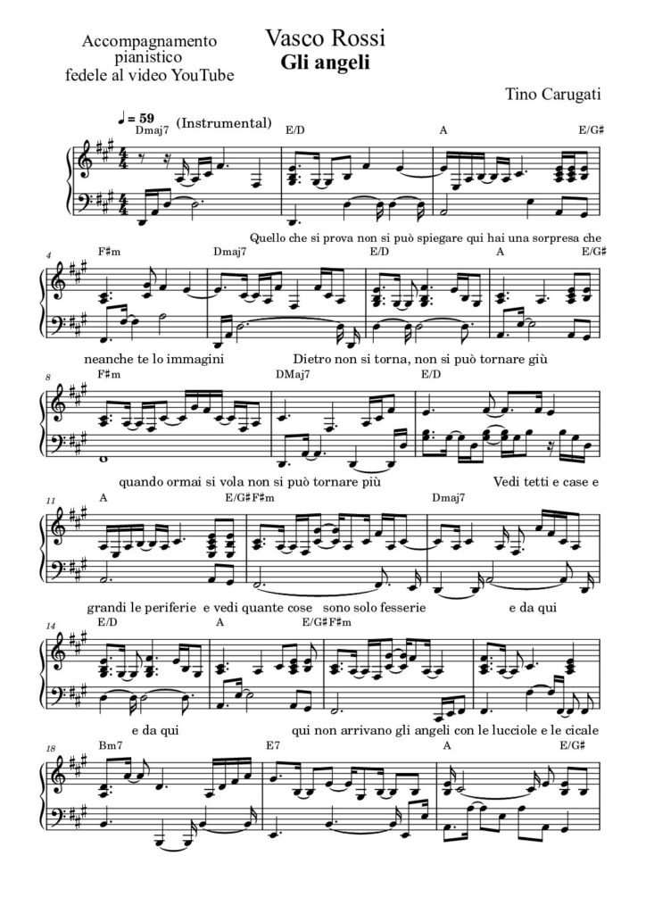 Spartito Pianoforte "GLI ANGELI" Vasco Rossi - Accompagnamento pianistico fedele al video YouTube e con il testo sul pentagramma