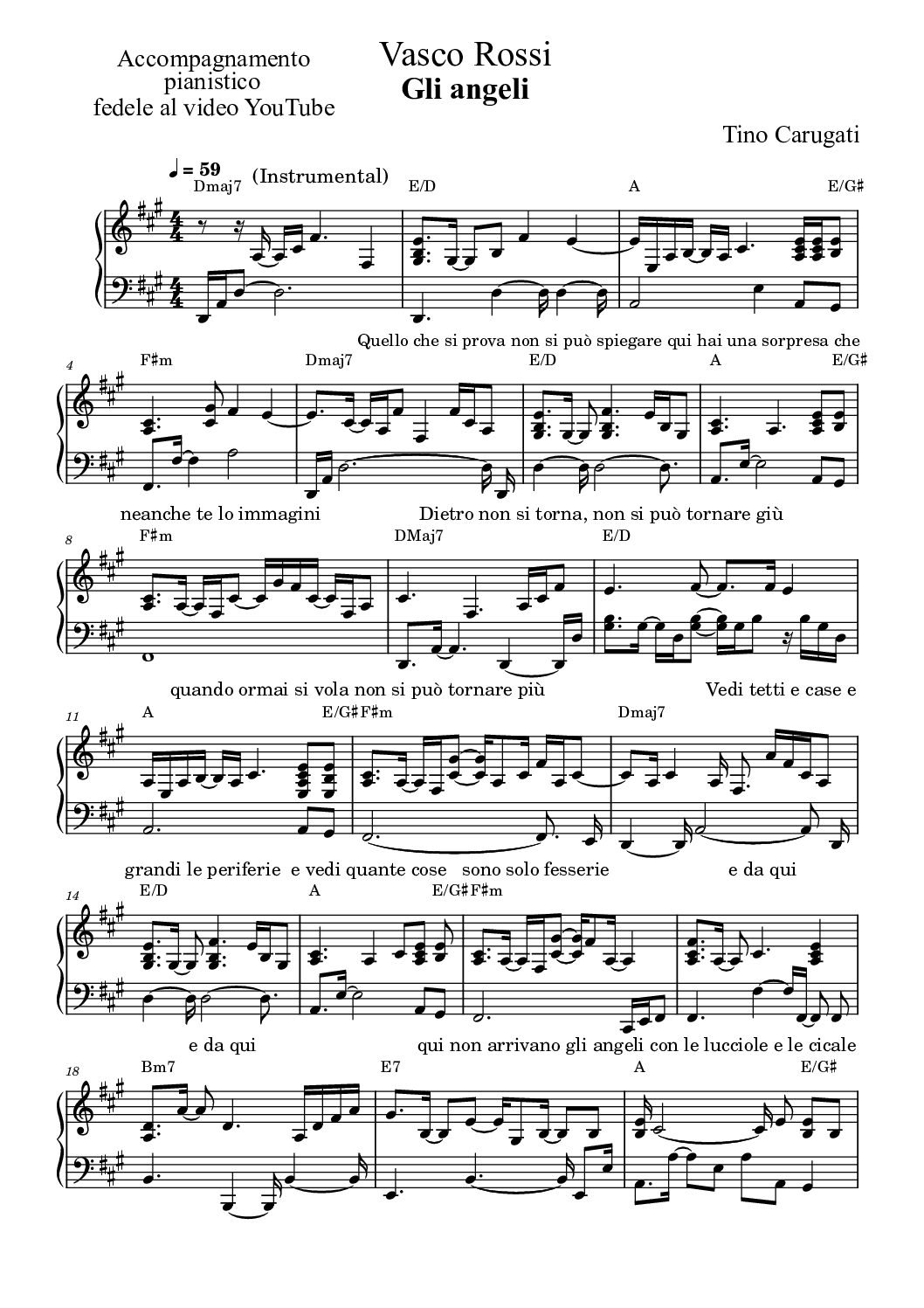 Spartito Pianoforte  "GLI ANGELI"  Vasco Rossi - Accompagnamento pianistico fedele al video YouTube e con il testo sul pentagramma