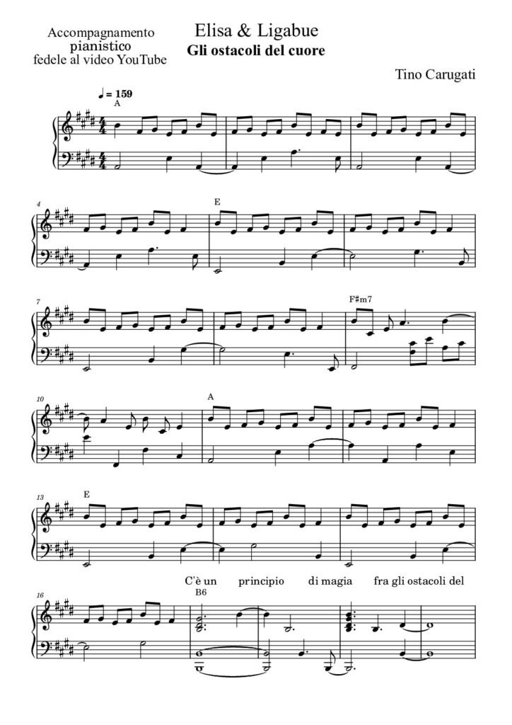 Spartito Pianoforte "GLI OSTACOLI DEL CUORE" Elisa & Ligabue - Accompagnamento pianistico fedele al video YouTube e con testo sul pentagramma