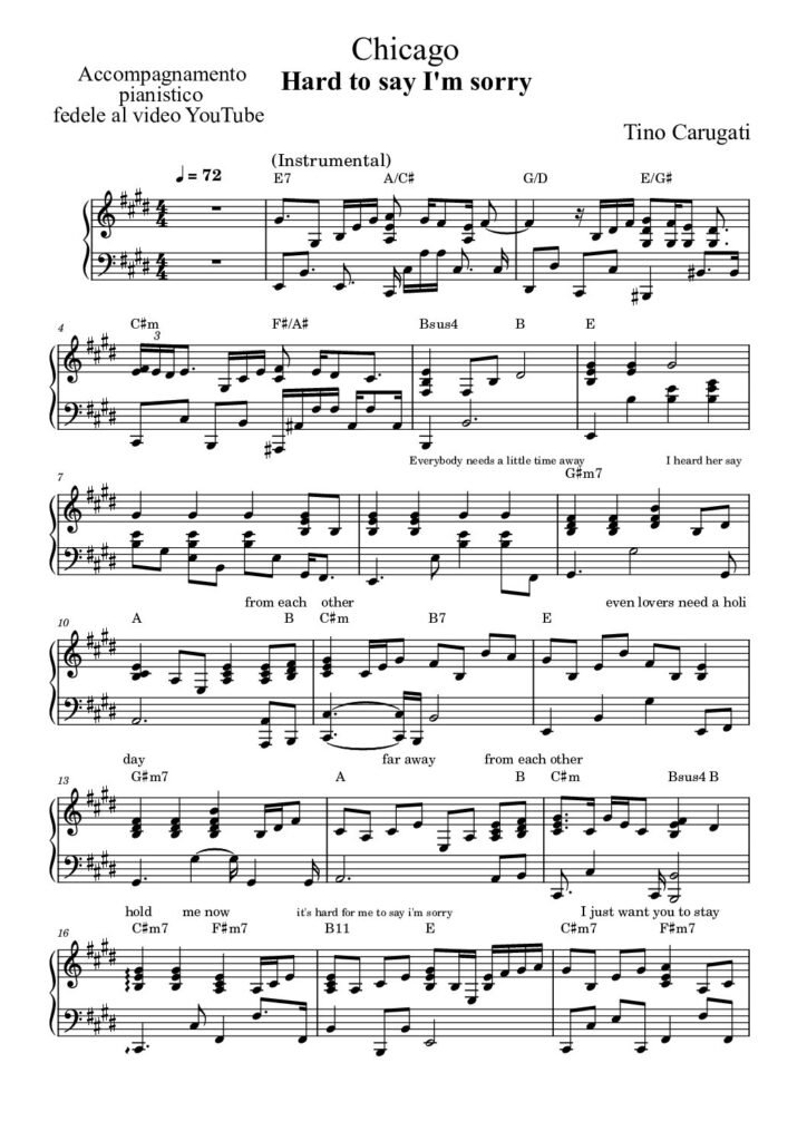 Spartito Pianoforte "HARD TO SAY I'M SORRY" Chicago - Accompagnamento pianistico fedele al video YouTube con testo sul pentagramma