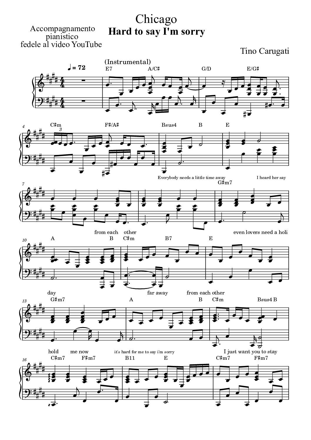 Spartito Pianoforte  "HARD TO SAY I'M SORRY"  Chicago - Accompagnamento pianistico fedele al video YouTube con testo sul pentagramma