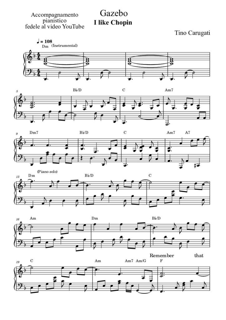 Spartito Pianoforte "I LIKE CHOPIN" Gazebo - Accompagnamento pianistico fedele al video YouTube con testo sul pentagramma