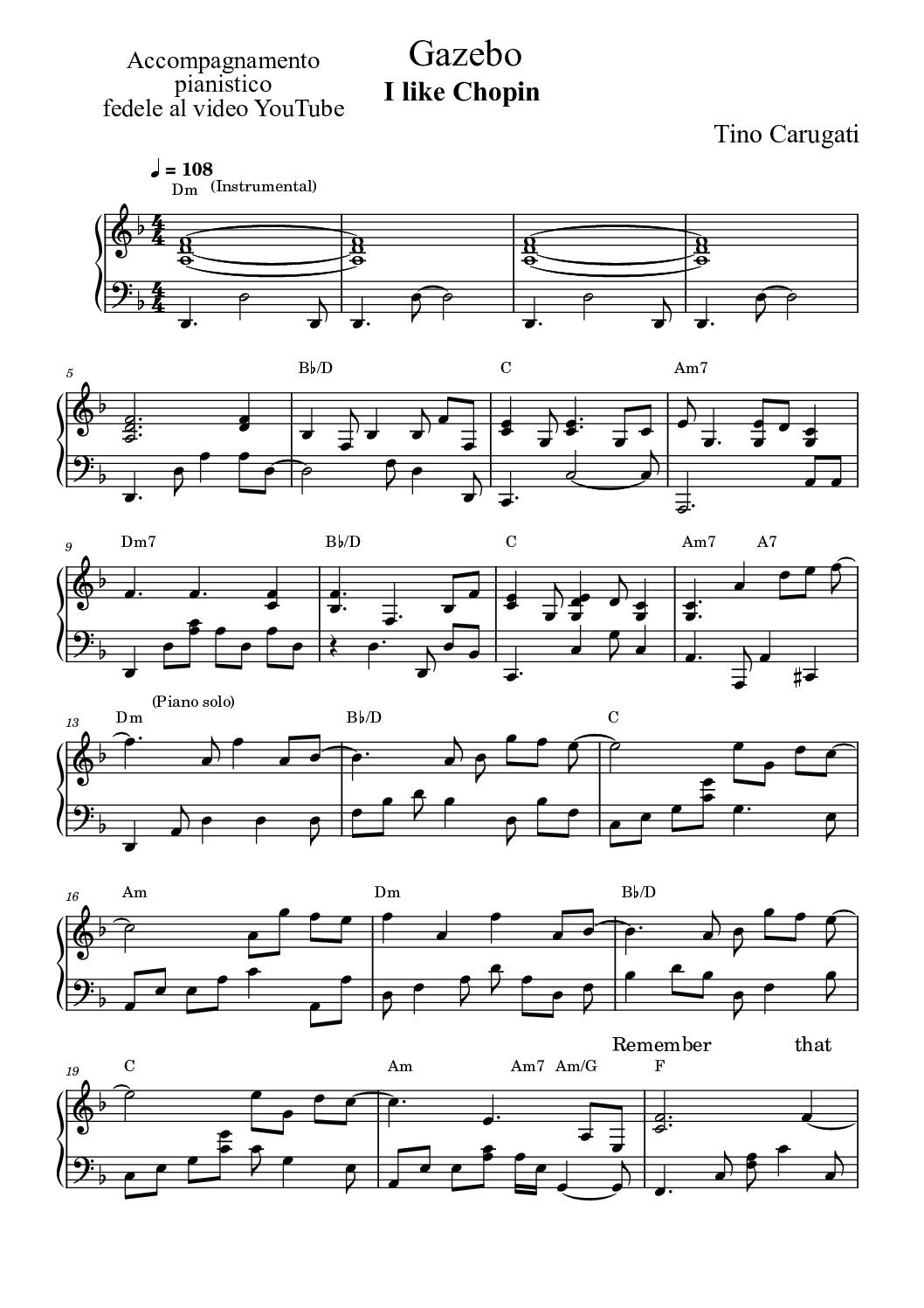 Spartito Pianoforte  "I LIKE CHOPIN"  Gazebo - Accompagnamento pianistico fedele al video YouTube con testo sul pentagramma