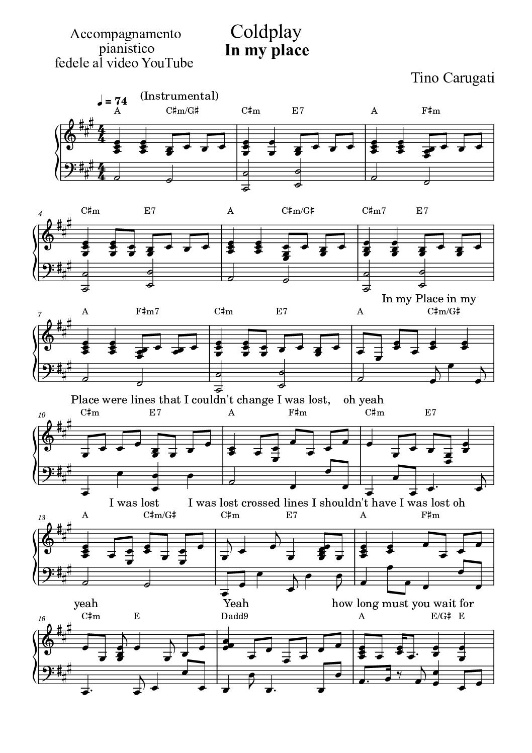 Spartito Pianoforte  "IN MY PLACE"  Coldplay - Accompagnamento pianistico fedele al video YouTube con testo sul pentagramma