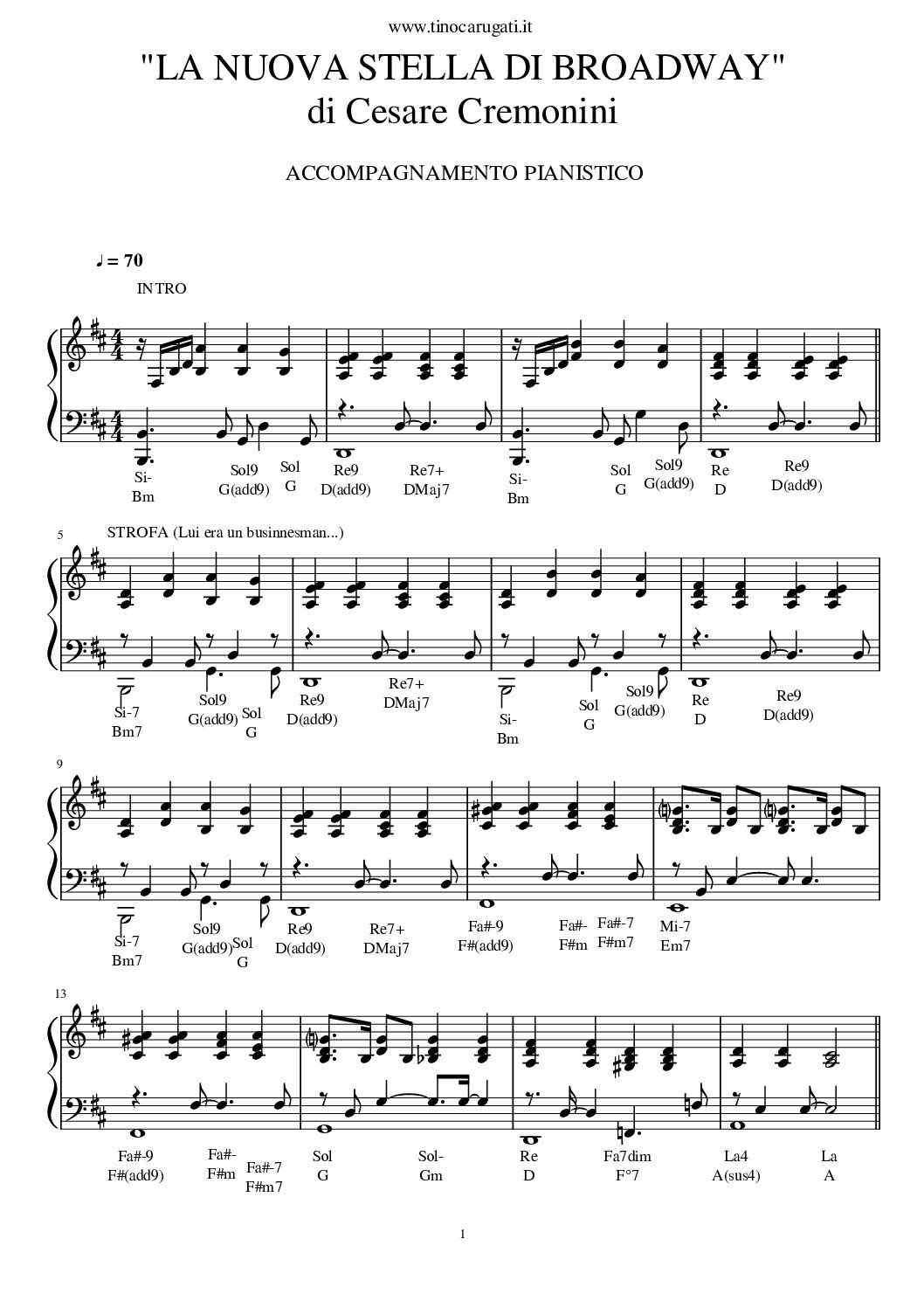Spartito Pianoforte  "LA NUOVA STELLA DI BROADWAY"  Cesare Cremonini - Accompagnamento pianistico