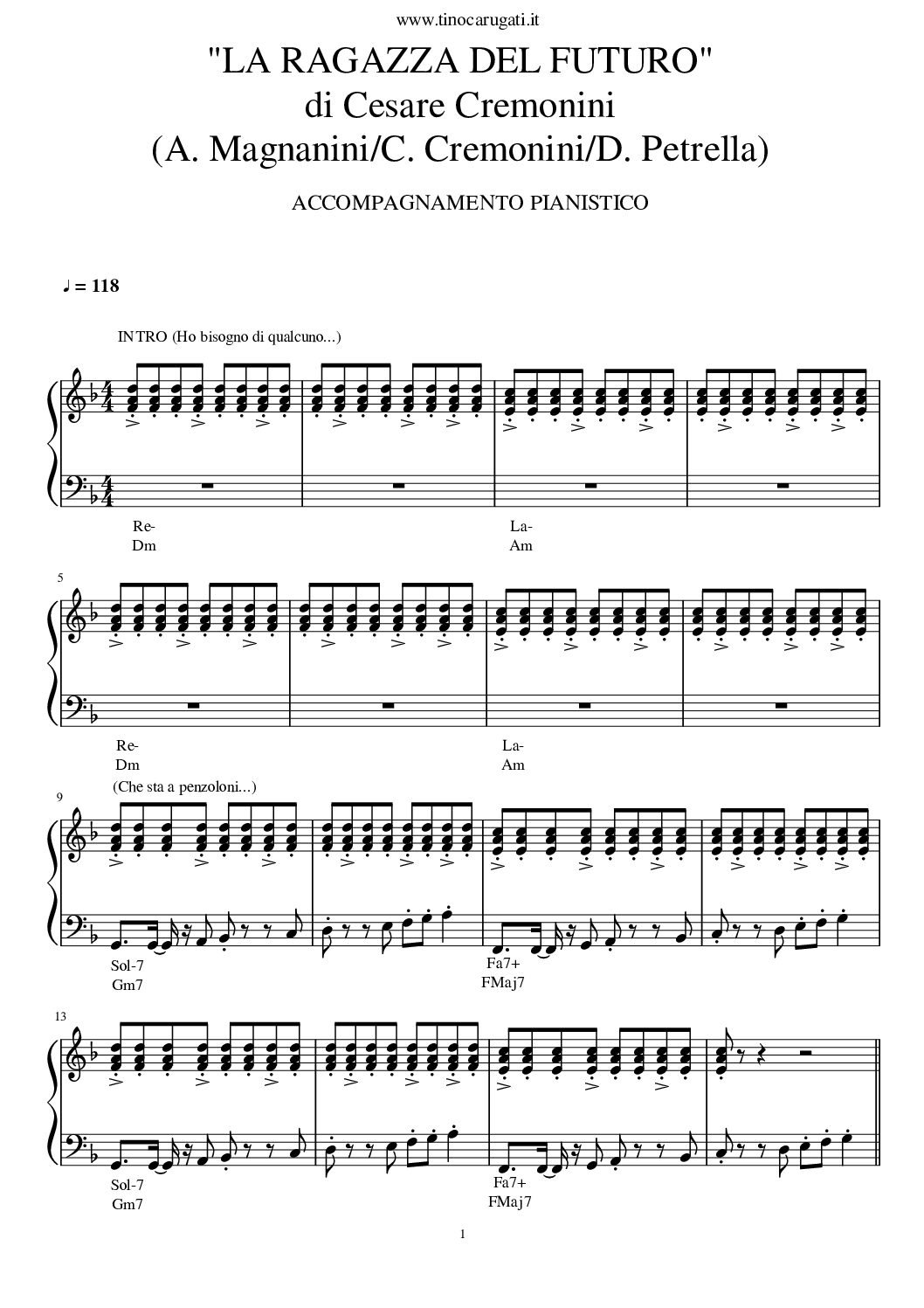 Spartito Pianoforte  "LA RAGAZZA DEL FUTURO"  Cesare Cremonini - Accompagnamento pianistico