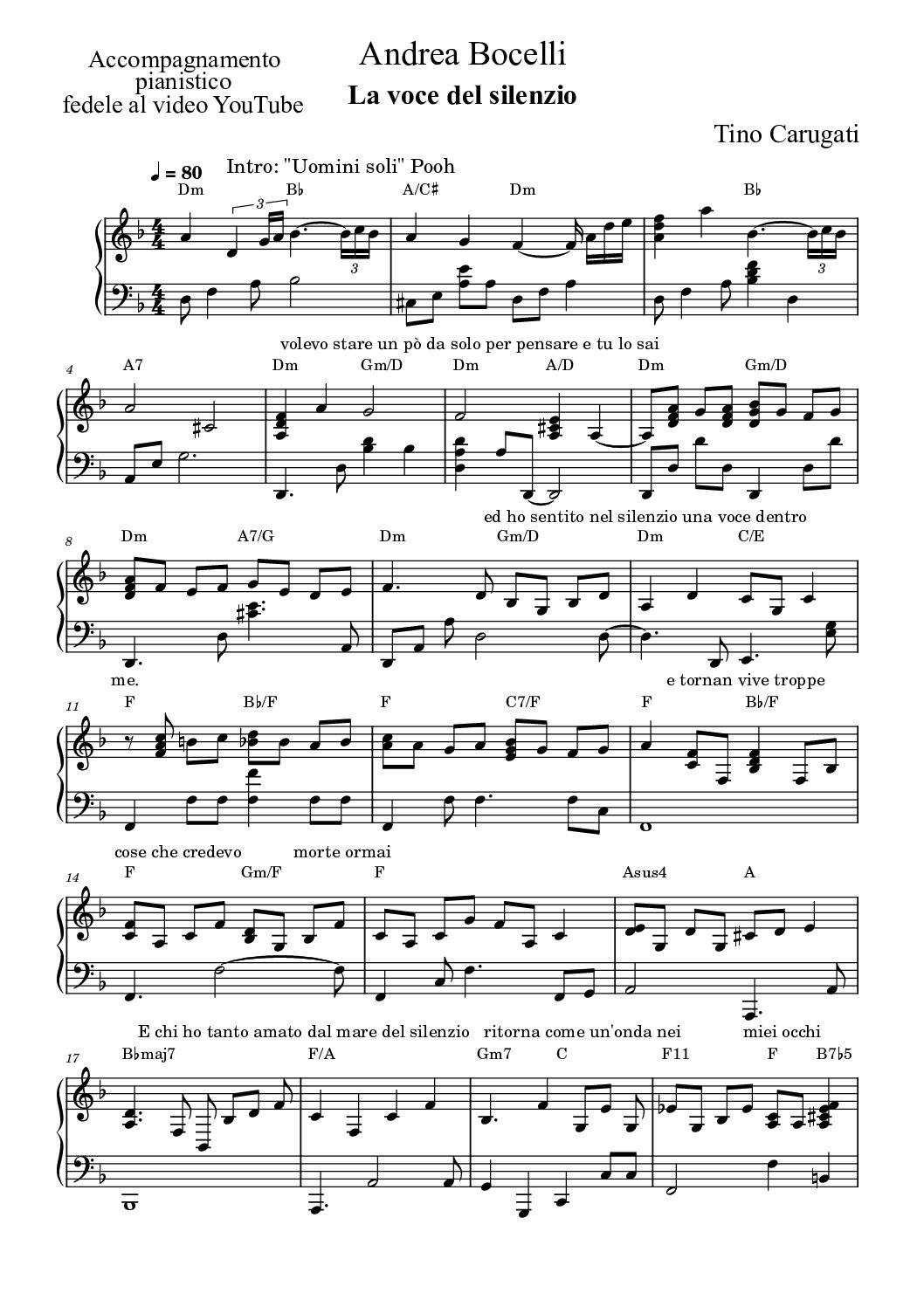 Spartito Pianoforte  "LA VOCE DEL SILENZIO"  Andrea Bocelli - Accompagnamento pianistico fedele al video YouTube con testo sul pentagramma