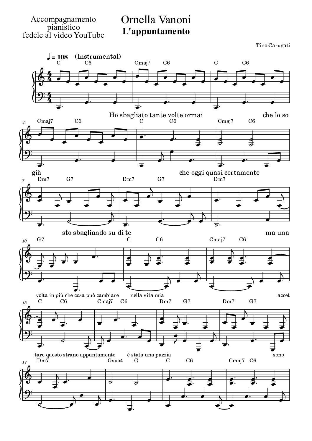 Spartito Pianoforte  "L'APPUNTAMENTO"  Ornella Vanoni - Accompagnamento pianistico fedele al video YT con testo sul pentagramma