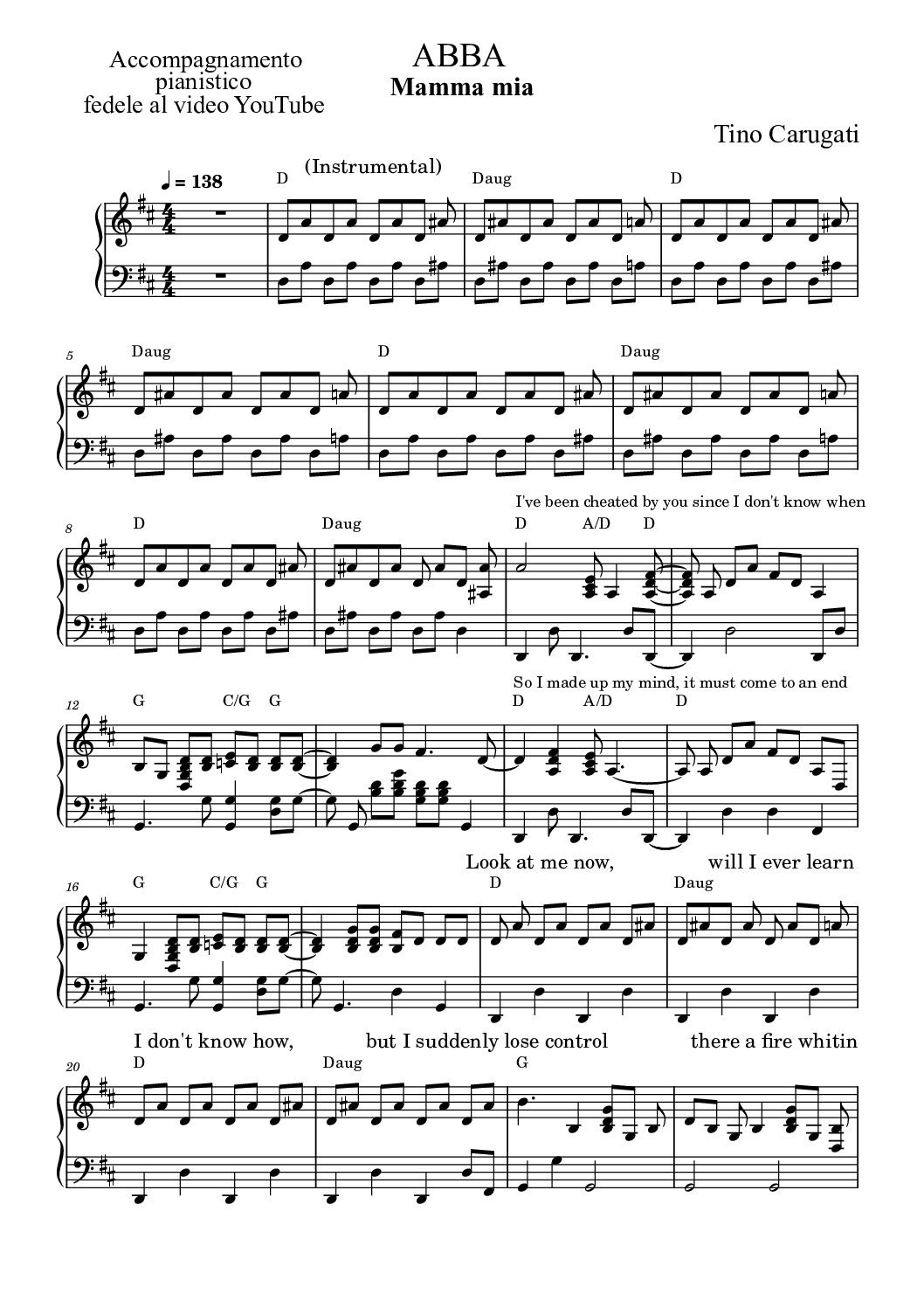 Spartito Pianoforte  "MAMMA MIA"  Abba - Accompagnamento pianistico fedele al video YouTube con testo sul pentagramma
