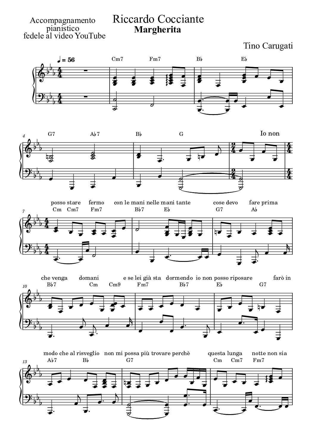 Spartito Pianoforte  "MARGHERITA"  Riccardo Cocciante - Trascrizione pianistica fedele al video YouTube con testo sul pentagramma
