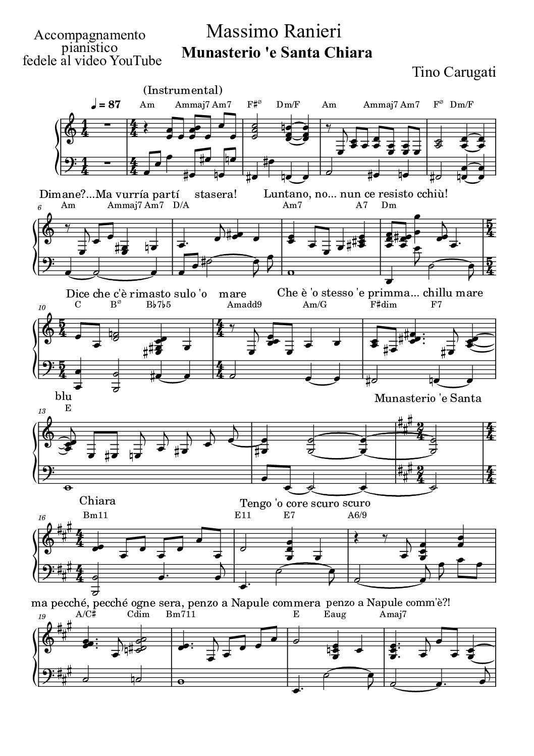 Spartito Pianoforte  "MUNASTERIO 'E SANTA CHIARA"  Massimo Ranieri - Accompagnamento pianistico fedele al video YouTube con testo sul pentagramma