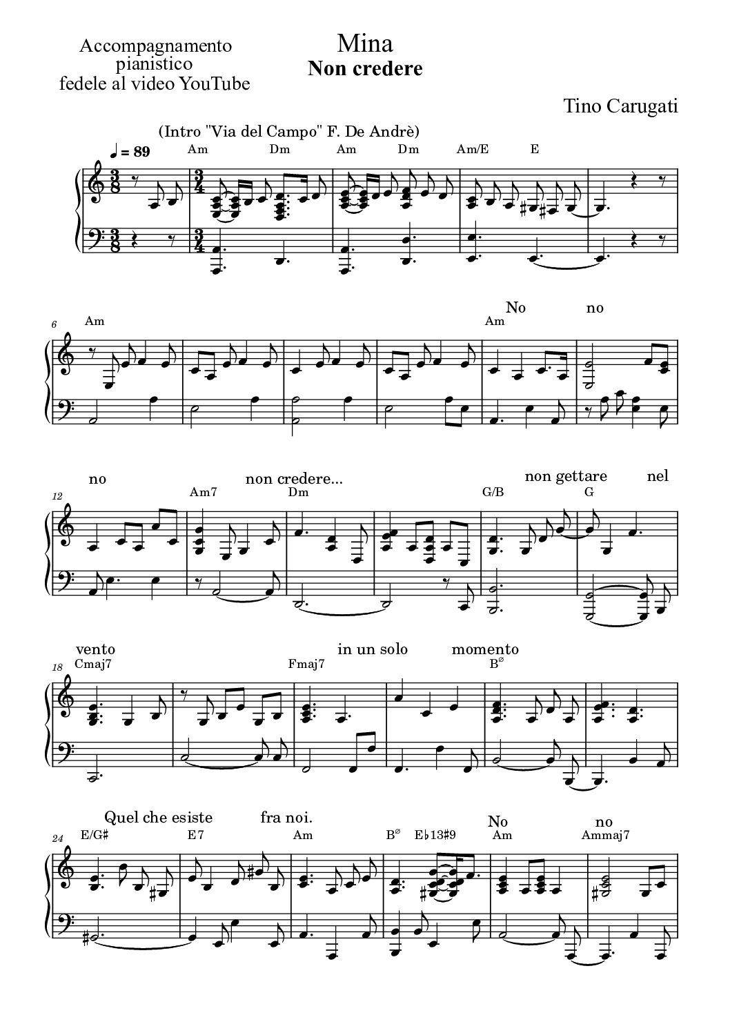 Spartito Pianoforte  "NON CREDERE"  Mina - Accompagnamento pianistico fedele al video YT con testo sul pentagramma