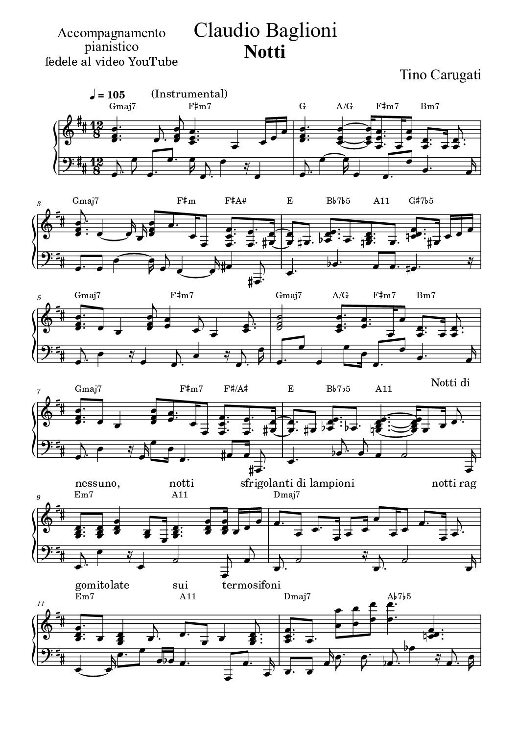 Spartito Pianoforte  "NOTTI"  Claudio Baglioni - Accompagnamento pianistico fedele al video YouTube con testo sul pentagramma