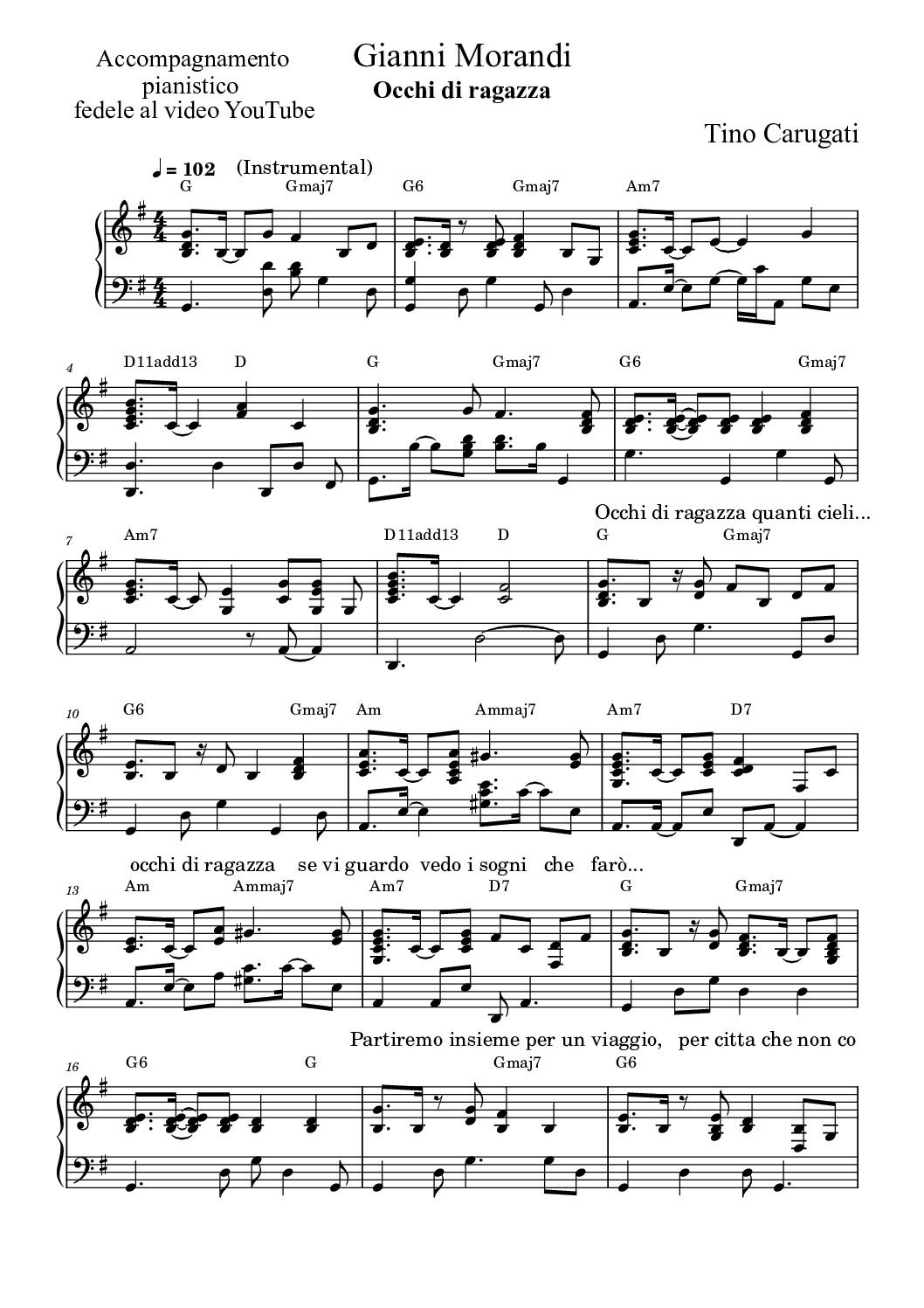 Spartito Pianoforte  "OCCHI DI RAGAZZA"  Gianni Morandi - Accompagnamento pianistico fedele al video YouTube