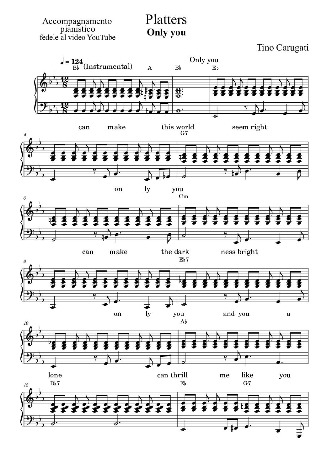 Spartito Pianoforte  "ONLY YOU"  Platters - Accompagnamento pianistico fedele al video YouTube con testo sul pentagramma