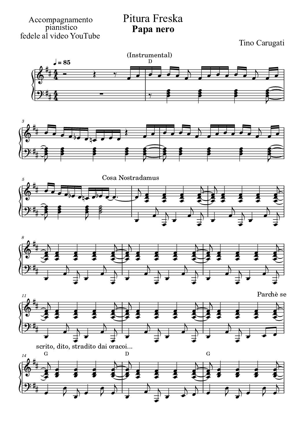 Spartito Pianoforte  "PAPA NERO"  Pitura Freska - Accompagnamento pianistico fedele al video YouTube
