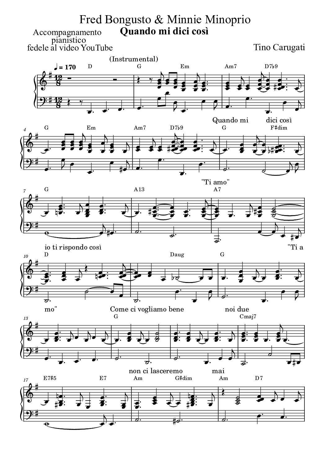 Spartito Pianoforte  "QUANDO MI DICI COSI'"  Fred Bongusto & Minnie Minoprio - Accompagnamento pianistico fedele al video YouTube con testo sul pentagramma
