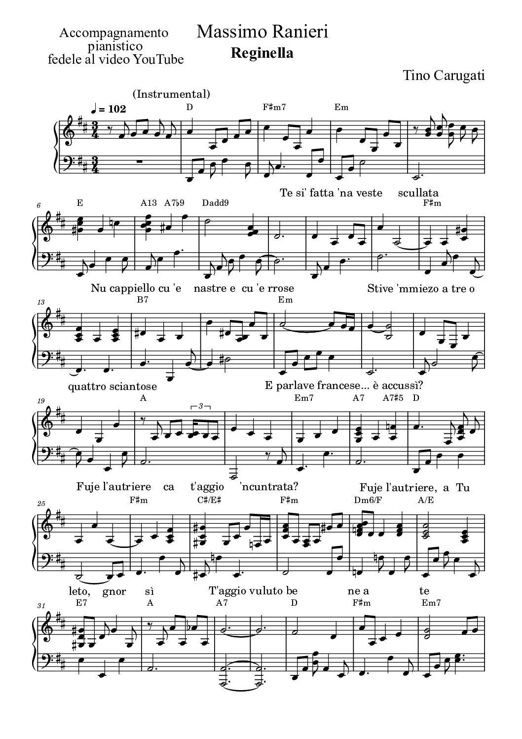 Spartito Pianoforte  "REGINELLA"  Massimo Ranieri - Accompagnamento pianistico fedele al video YouTube con testo sul pentagramma