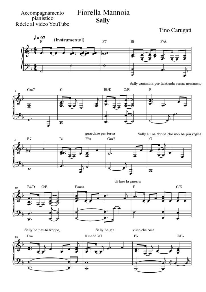 Spartito Pianoforte  "SALLY"  Fiorella Mannoia - Accompagnamento pianistico fedele al video YouTube con testo sul pentagramma