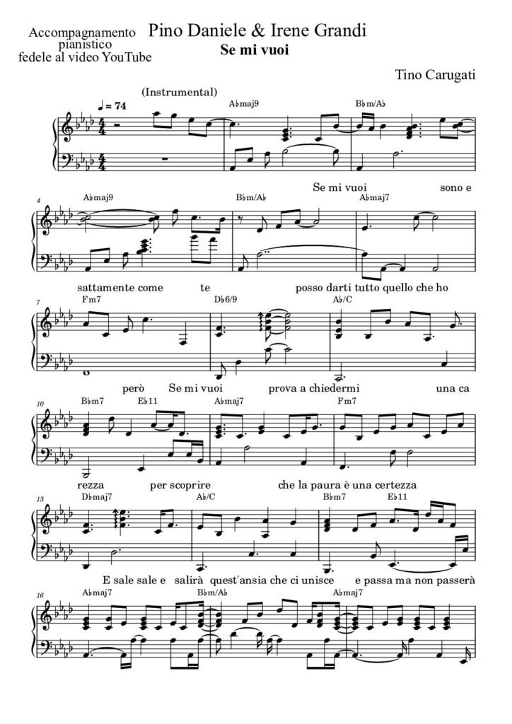 Spartito Pianoforte  "SE MI VUOI"  Pino Daniele & Irene Grandi - Accompagnamento pianistico fedele al video YouTube con testo sul pentagramma