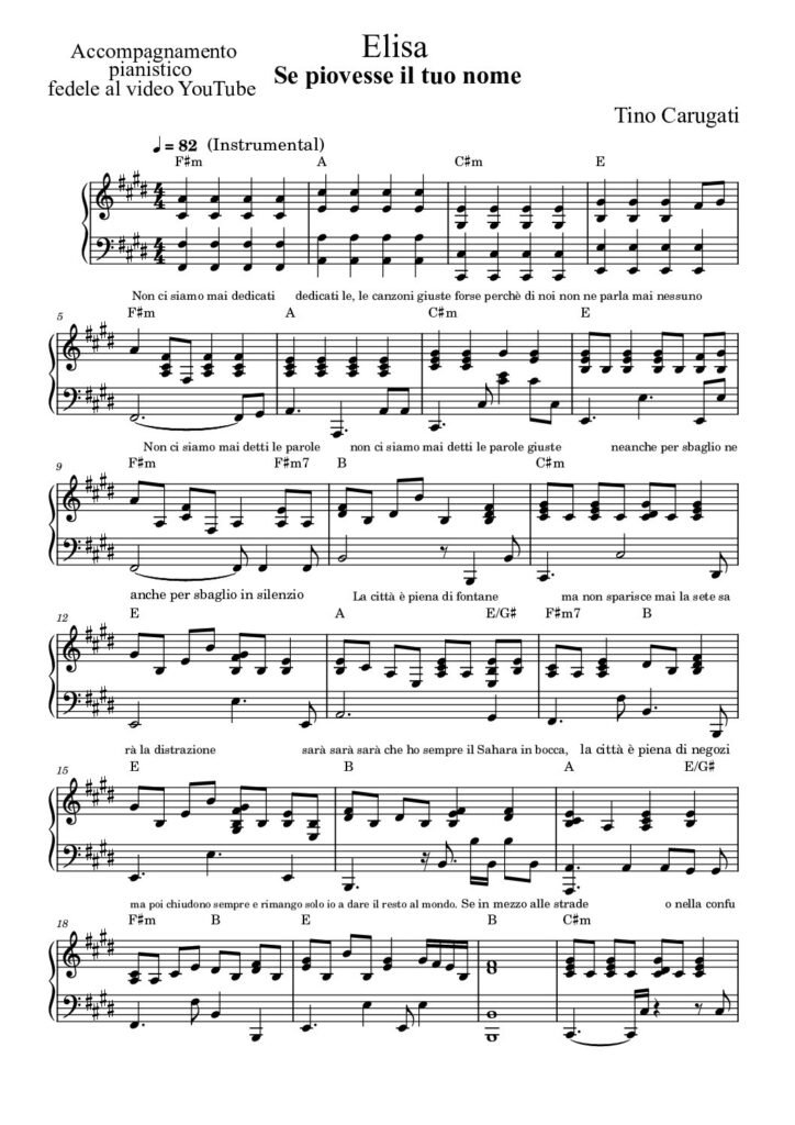 Spartito Pianoforte  "SE PIOVESSE IL TUO NOME"  Elisa - Accompagnamento pianistico fedele al video YouTube con testo sul pentagramma