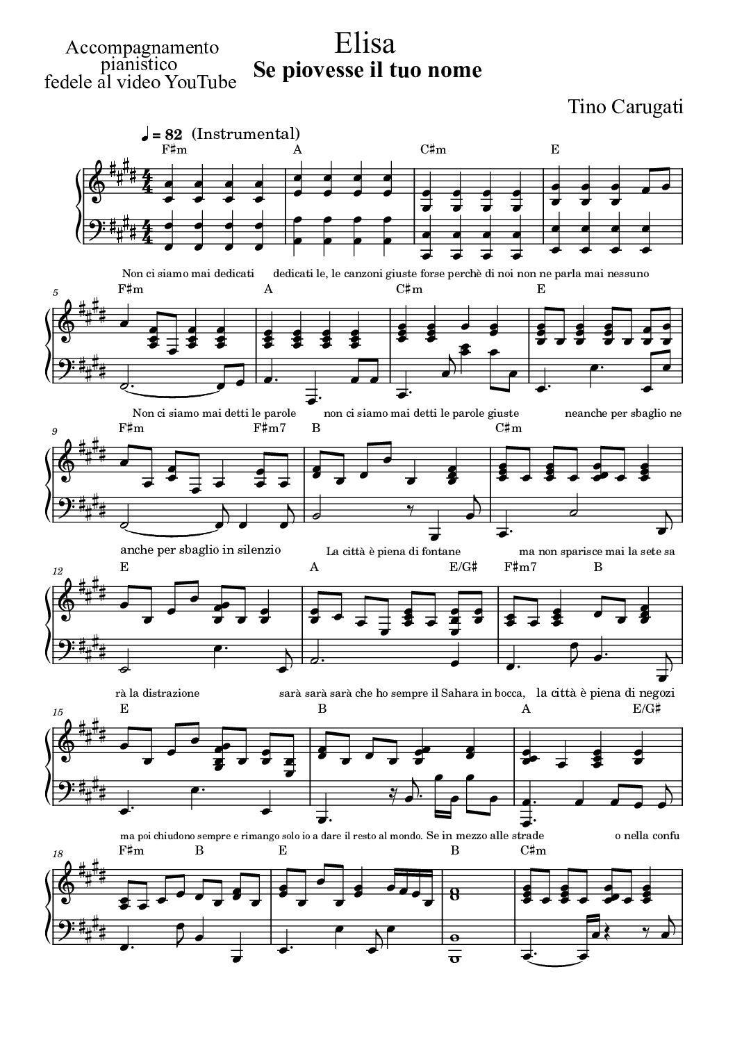 Spartito Pianoforte  "SE PIOVESSE IL TUO NOME"  Elisa - Accompagnamento pianistico fedele al video YouTube con testo sul pentagramma